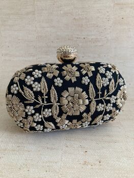 Black Handcrafted Embroidered Pearl Oval Clutch Bag, 4 of 10