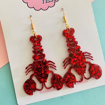 Large Lobster Red Glitter Earrings, 2 of 2