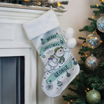 Personalised The Snowman And The Snowdog Luxury Silver Grey Christmas Stocking, 2 of 4
