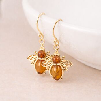 Gold Plated Sterling Silver Baltic Amber Bee Drop Earrings – 15mm, 2 of 5