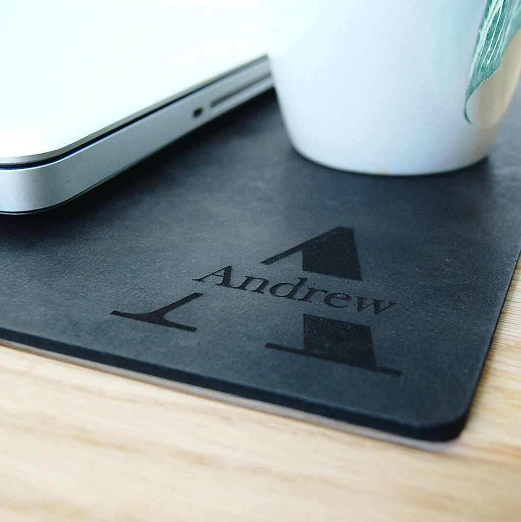 recycled vintage leather personalised laptop mat by the british belt