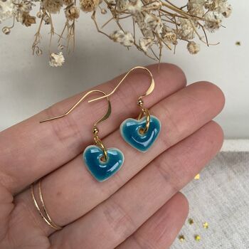 Small Green Blue Turquoise Ceramic Heart Earrings, 2 of 10