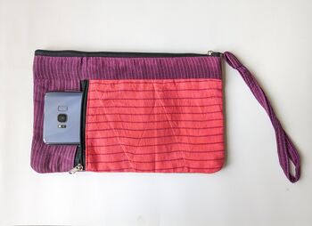 Fair Trade Wristlet Clutch Bag With Strap, Handmade Pink Purple Phone Purse Wallet, 5 of 6