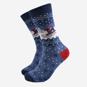 Festive Sausage Dogs Men's Bamboo Socks Gift Box Navy Red, 3 of 4