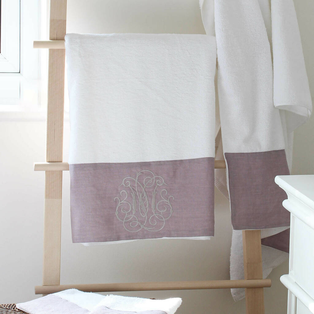 White Embroidered Linen Edged Towel, 1 of 2
