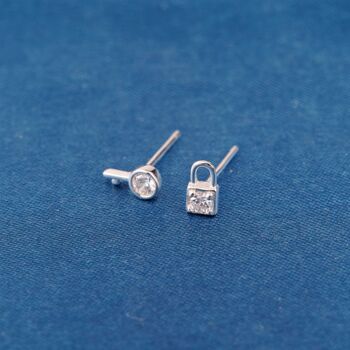 Dainty Cz Stone Padlock And Key Stud Earrings, 925 Sterling Silver, 6 of 8