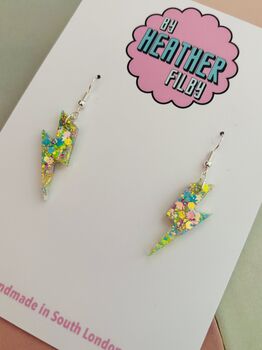 Small Light Green Glitter Lightning Bolt Earrings / Electric Green Jewellery Small Mint Statement / Pastel Flash Gift, 5 of 6