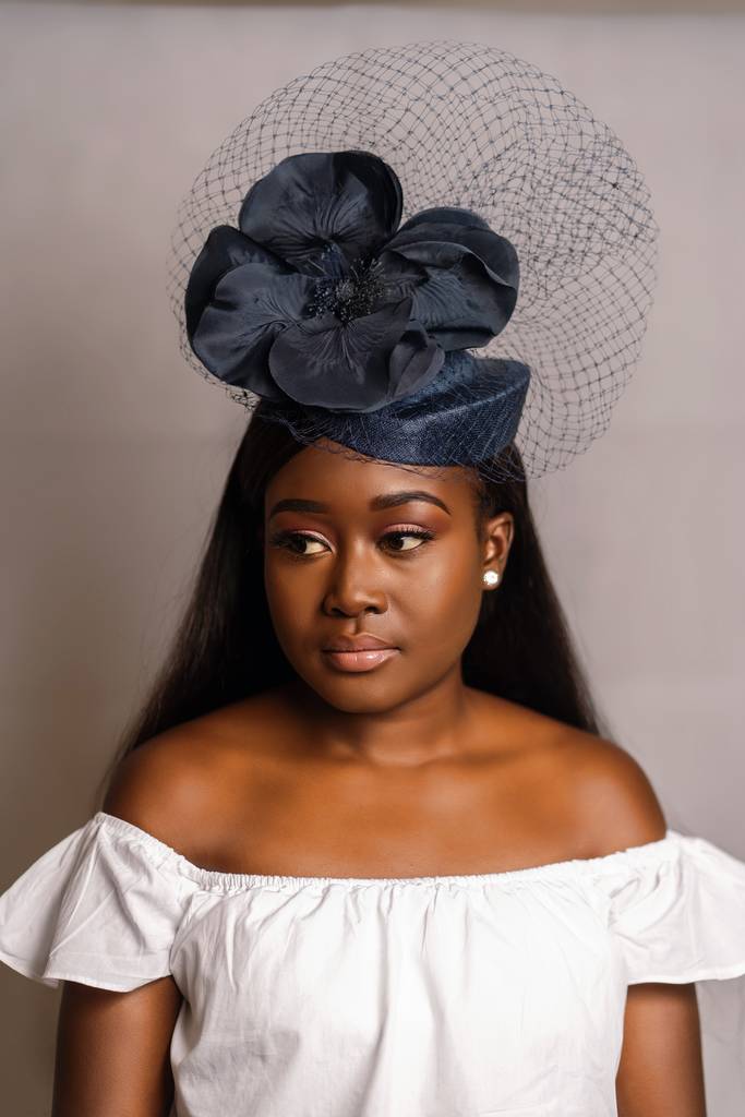 Navy Blue Hat With Flower And Veiling Detail, 1 of 2