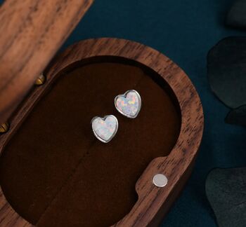 White Opal Heart Stud Earrings In Sterling Silver, 3 of 11