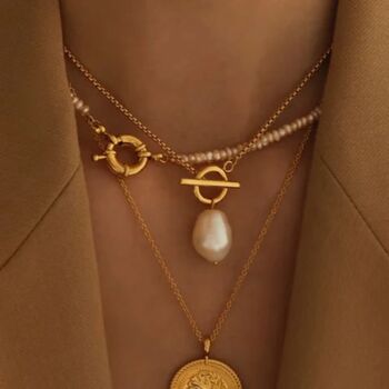 T Bar And Freshwater Pearl 18k Gold Plated Necklace, 2 of 3