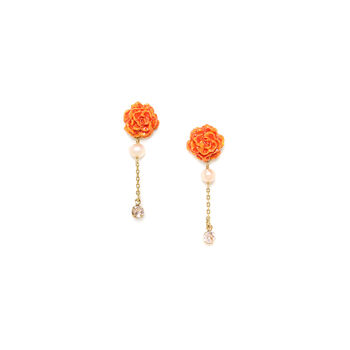 Orange Carnation Flower And Pearls Drop Earrings, 2 of 3