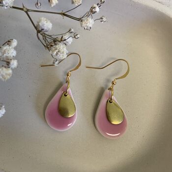 Bright Pink Ceramic Teardrop Earrings Gold Plated, 3 of 6