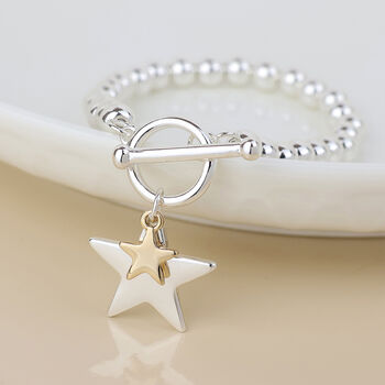 Silver And Gold Plated Double Star Charm T Bar Bracelet, 3 of 4