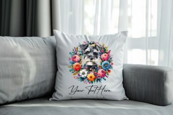 Personalised Miniature Schnauzer Summer Floral Dog Wreath Cushion And Mug Gift Bundle, 4 of 4