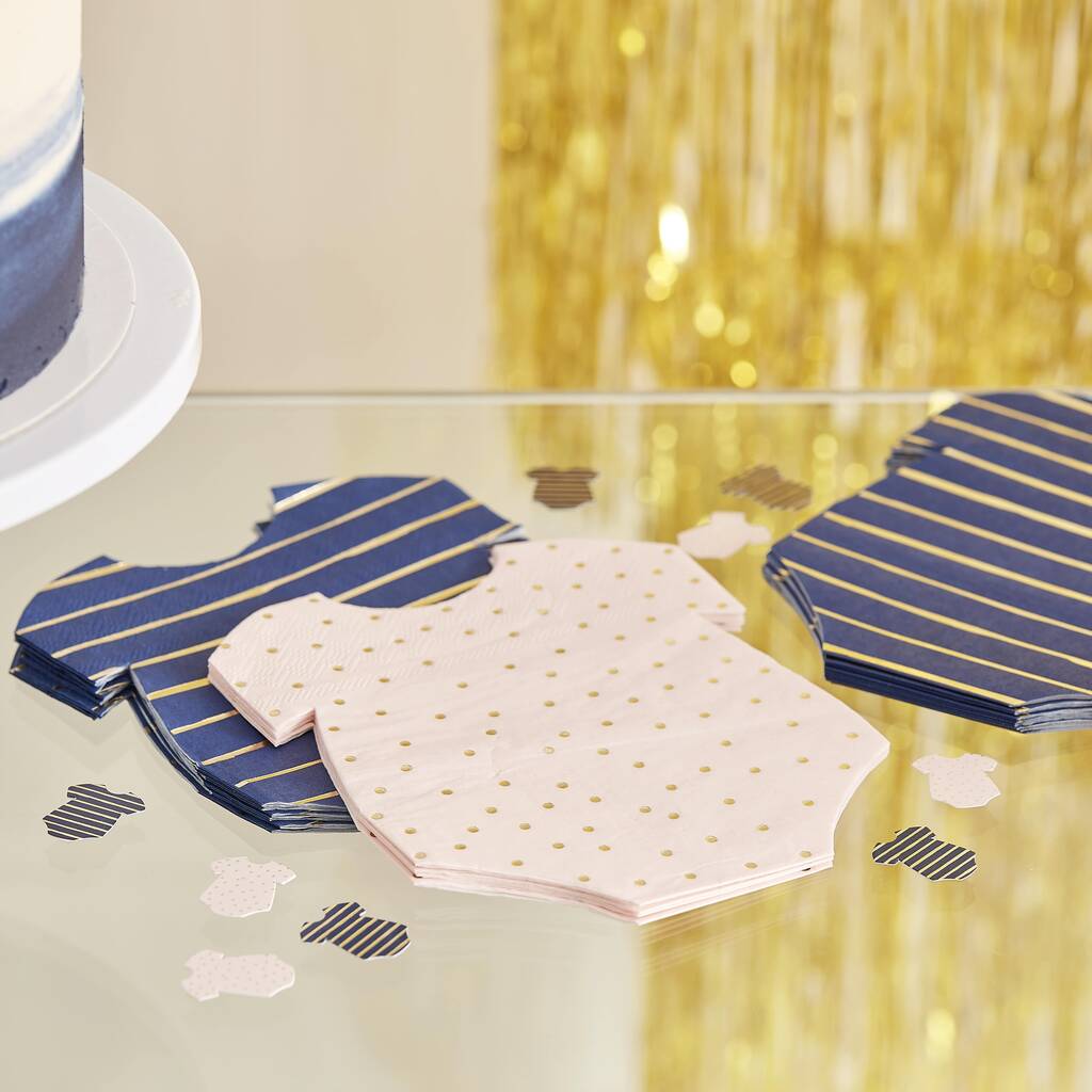 Gold Foil Pink And Navy Baby Grow Gender Reveal Napkins, 1 of 2