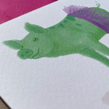 Green Ballerina Pig Illustrated Blank Greeting Card, 7 of 11