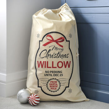 Personalised Christmas Bow Name Cotton Sack, 3 of 3
