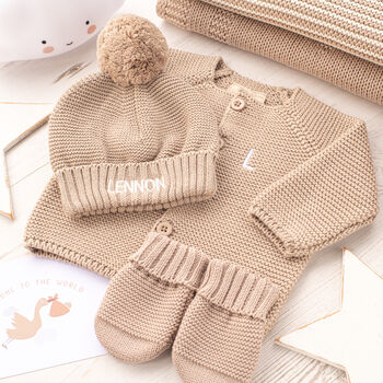 Luxury Cotton Baby Cardigan, Bobble Hat And Mittens Set, 2 of 12