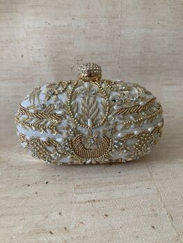 Light Blue Gold Handcrafted Embroidered Oval Clutch Bag, 5 of 5