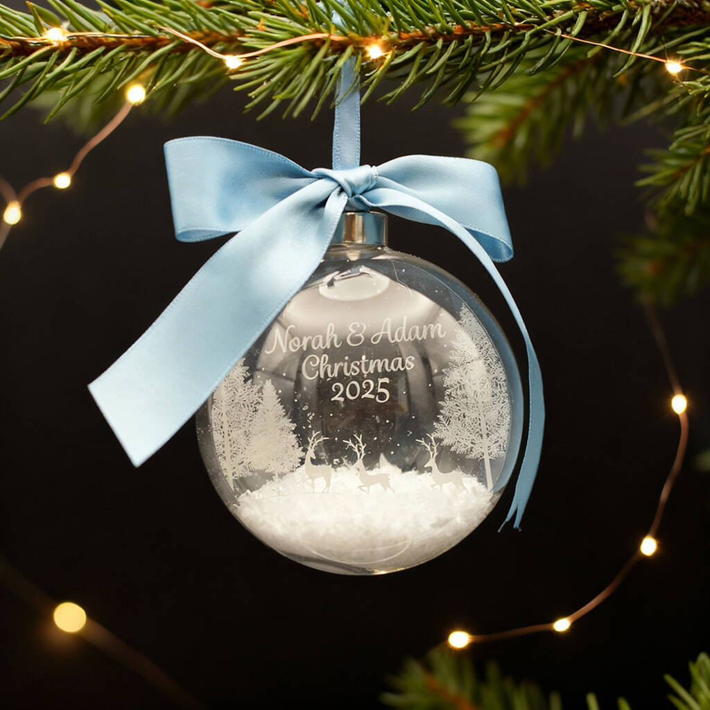 Round Glass Couple's Christmas Snow Filled Tree Bauble Decoration, 1 of 7