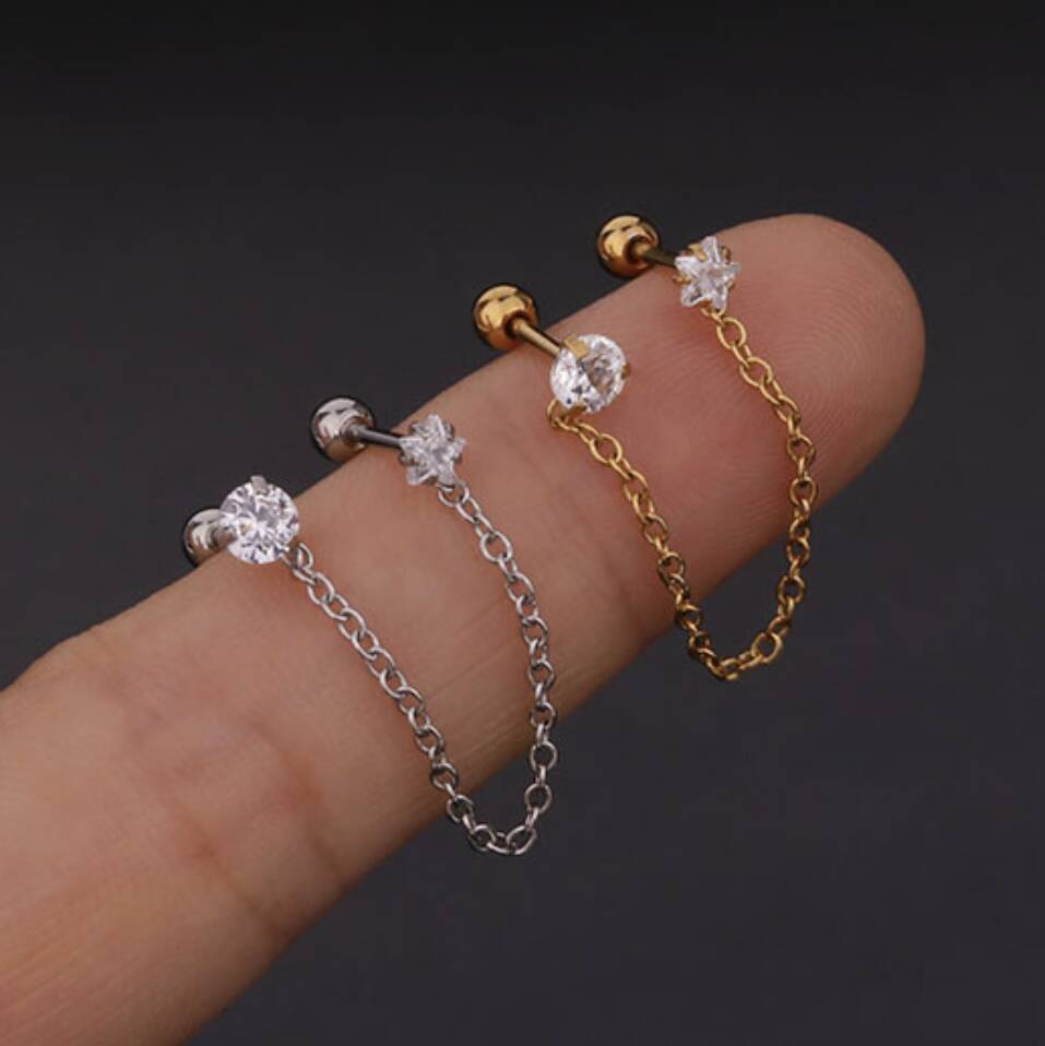 Gold Double Piercing Screwback Chain Earring, 1 of 5