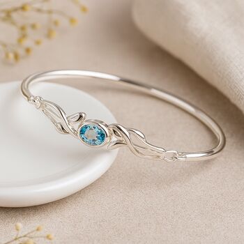 Sterling Silver Blue Topaz Leaf Bangle, 4 of 9