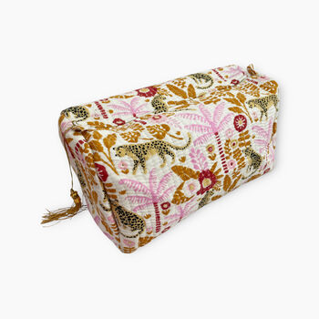 Leopard Print Cotton Washbag, Make Up Bag, With Waterproof Lining Pink, 3 of 4