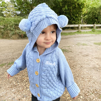 Personalised Blue Knitted Bobble Hooded Cardigan, 4 of 9