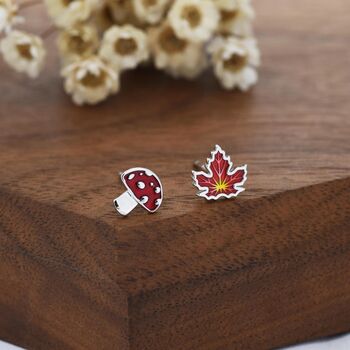 Mismatched Enamel Maple Leaf And Mushroom Stud Earrings In Sterling Silver, 3 of 11