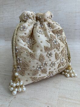 Gold Handcrafted Embroidered Potli Bag/Wrist Bag, 3 of 5