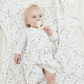 Granny Floral Baby Blanket Made With Warm And Cosy Muslin And Fleece For Cottage Style Nursery, 7 of 9