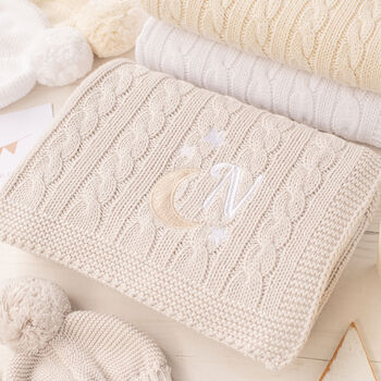Personalised White Baby Blanket – Moon And Stars Initial Embroidery, 2 of 11
