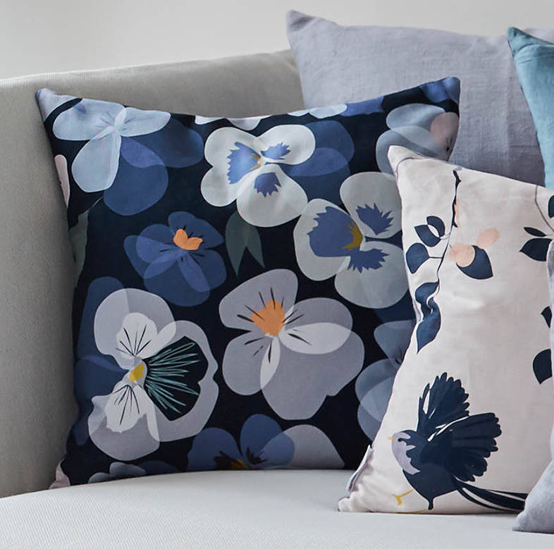 Blue Floral Pansy Cushion, 1 of 3