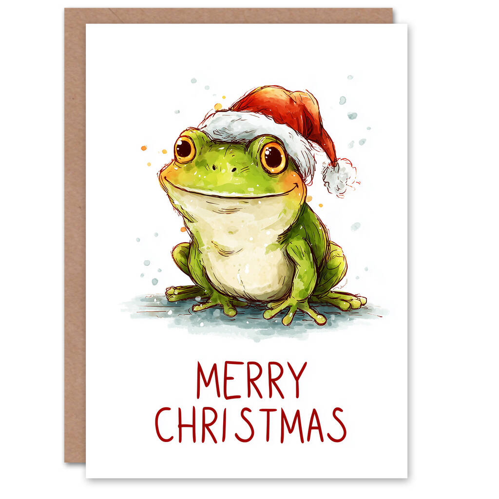 Cute Smiling Cartoon Frog In Santa Hat Christmas Card, 1 of 4