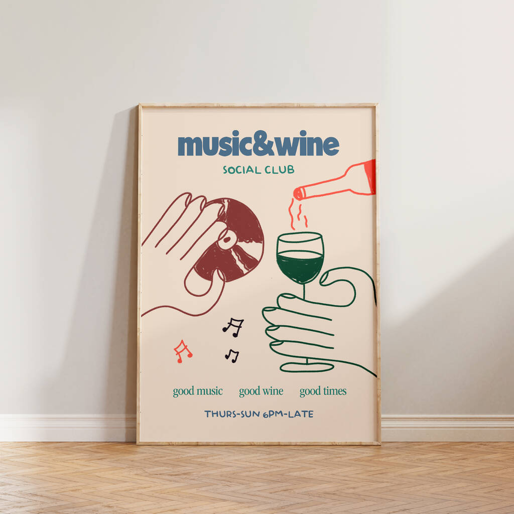 Music And Wine Social Club Illustration Kitchen Print, 1 of 9