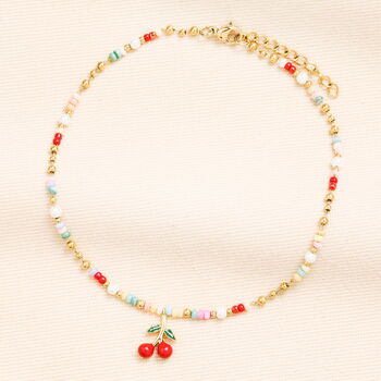 Stainless Steel Multicolour Beaded Cherry Charm Anklet In Gold Plating, 2 of 4