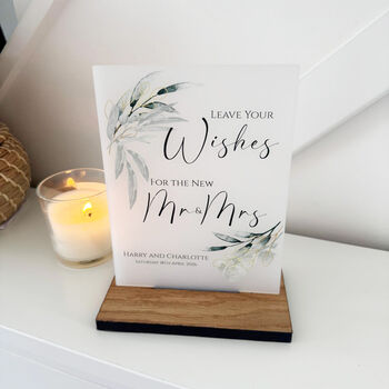 Botanical Personalised Leave Your Wishes Acrylic Sign Opaque A5 Wedding Guest Book Sign, 4 of 5