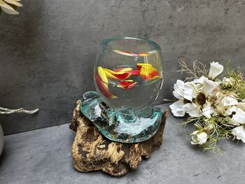 16cm Molten Glass Bowl On Teak Root Fruit And Nut Dish Wooden, 7 of 10