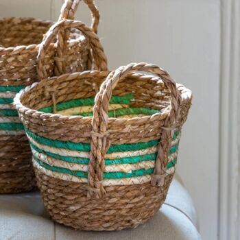 Straw And Corn Basket Green Stripe With Handles, 3 of 3
