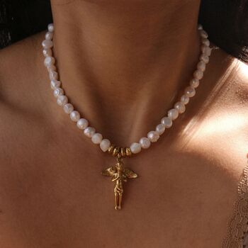 Handmade Baroque Pearl Choker With Angel Pendant, 2 of 8