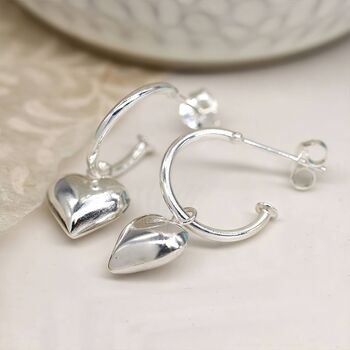 Sterling Silver Heart Charm Hoop Earrings, 2 of 8