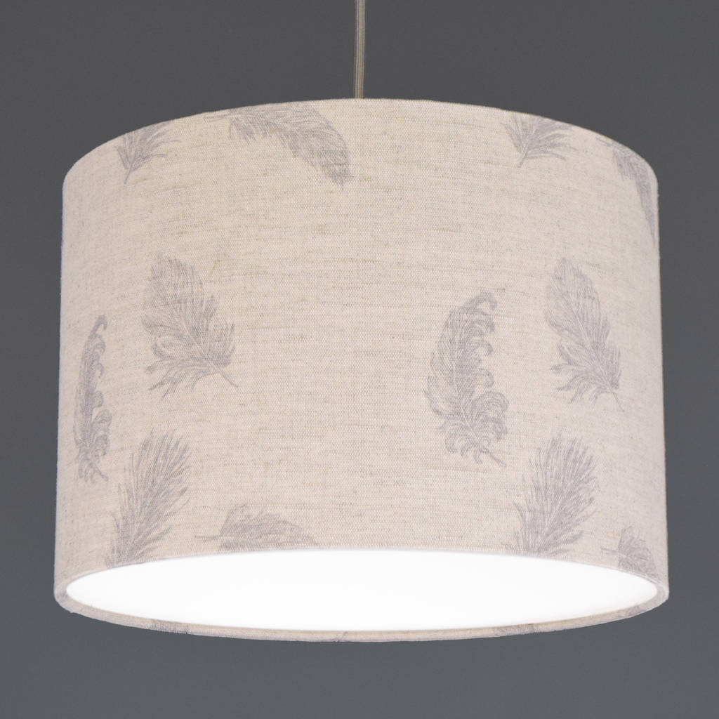 Boho Grey Feather Linen Drum Lampshade By Quirk Notonthehighstreet Com Boho Grey Feather Linen Drum Lampshade