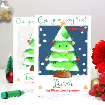 Personalised Festive Tree Very First Christmas Card, 2 of 7