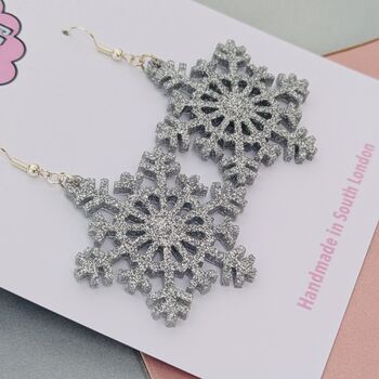 Silver Large Snowflake Glitter Christmas Earrings, 2 of 5