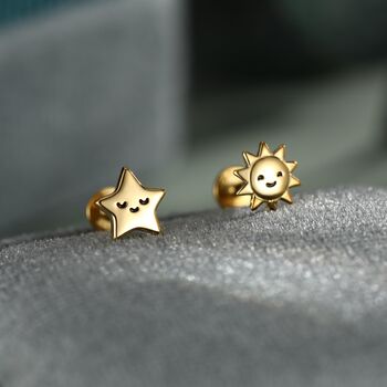 Sterling Silver Sun And Star 16 G Flat Back Labret Earrings, 4 of 12