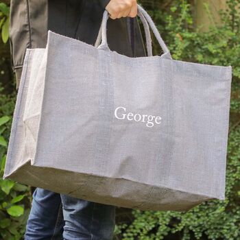 Personalised Grey Jute Log Bag, 3 of 7