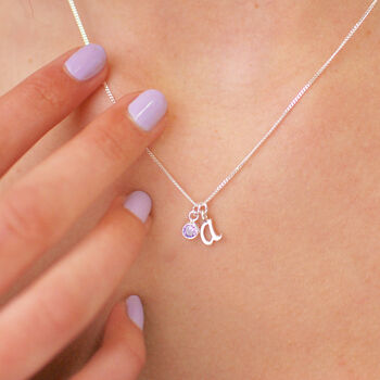 Silver Script Mini Initial Necklace With Birthstone, 2 of 10