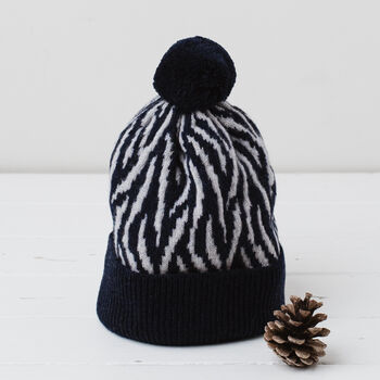 Lambswool Knitted Zebra Pom Pom Hat, 5 of 12