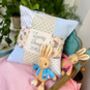 Personalised Blue And Grey Bunny Name Cushion, thumbnail 1 of 8