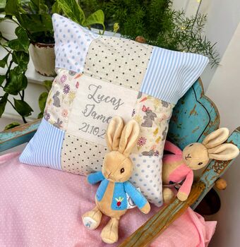 Personalised Blue And Grey Bunny Name Cushion, 3 of 9